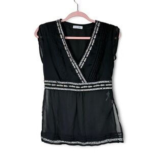 Black Sheer Boho Blouse Embroidered Trim Empire Waist Y2K Style Top Size Small